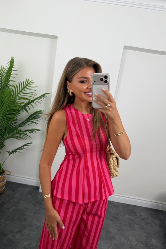 Pembe Çizgili Palazzo Bluz Peplum Takım