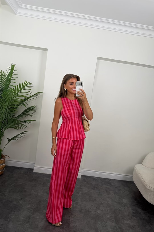 Pembe Çizgili Palazzo Bluz Peplum Takım
