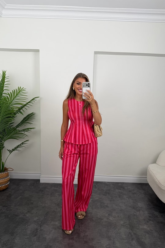 Pembe Çizgili Palazzo Bluz Peplum Takım