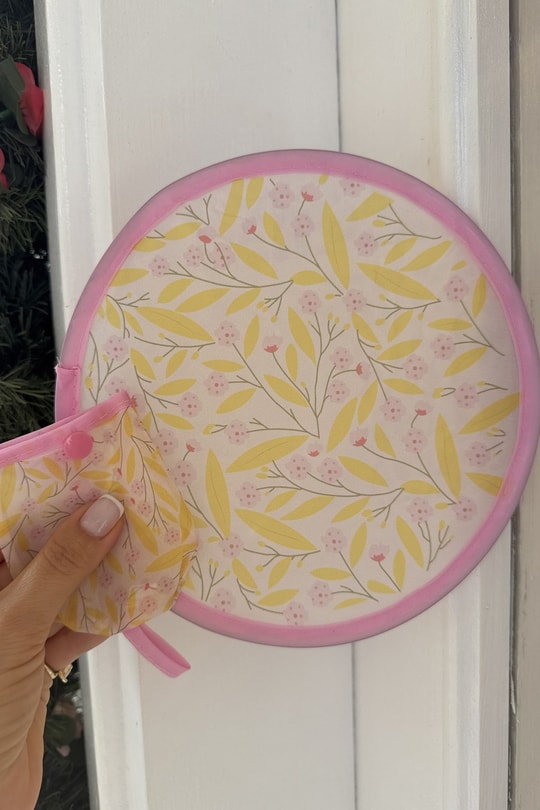 Pembe Sarı Çiçekli Katlabilir Çantalı Yelpaze 
