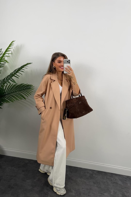 Perry Kolu Kemerli Uzun Kaşe Kaban Camel