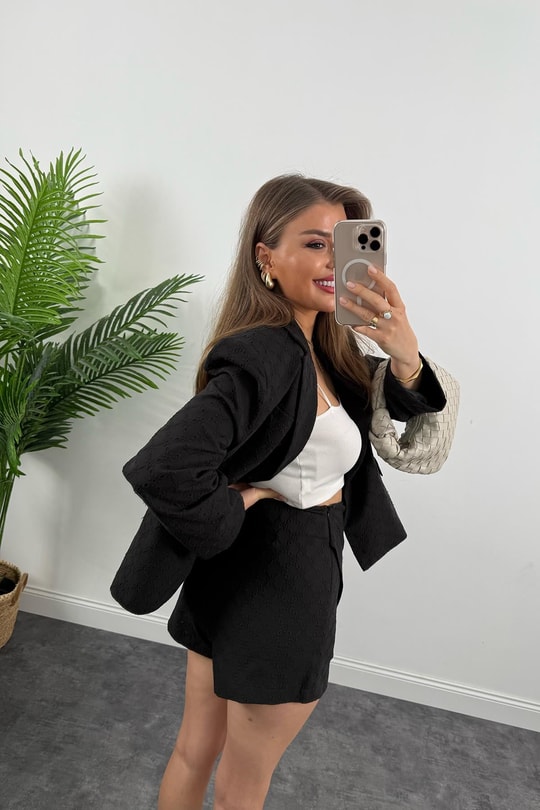 Perry Premium Fisto Nakışlı Şort Etek Blazer Ceket Takım Siyah