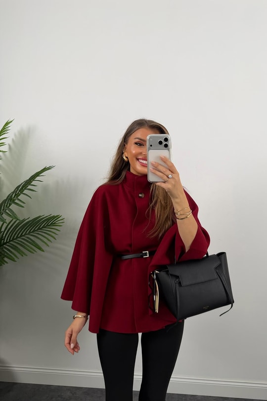 Pinterest Kemerli Kaşe Panço Kaban Bordo