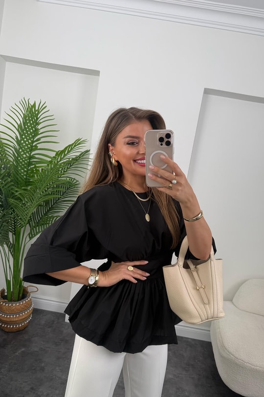 Pinterest Model Kimono Kol Pamuk Poplin Bluz Siyah