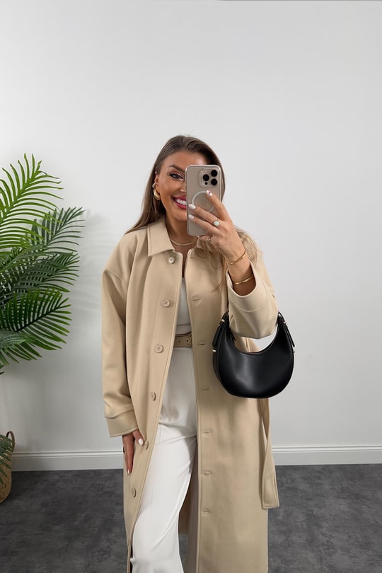 Pinterest Model Tam Boy Düğmeli Maxi Kaşe Kaban Taş