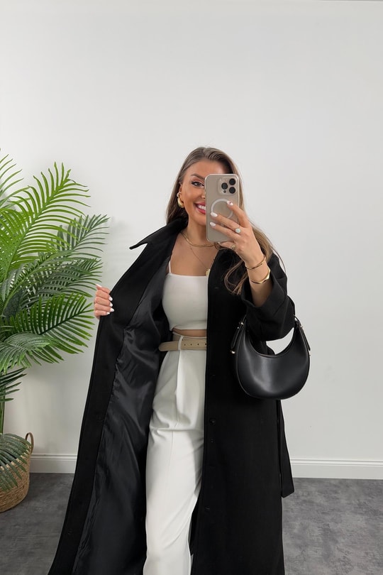 Pinterest Model Tam Boy Düğmeli Maxi Kaşe Kaban Siyah