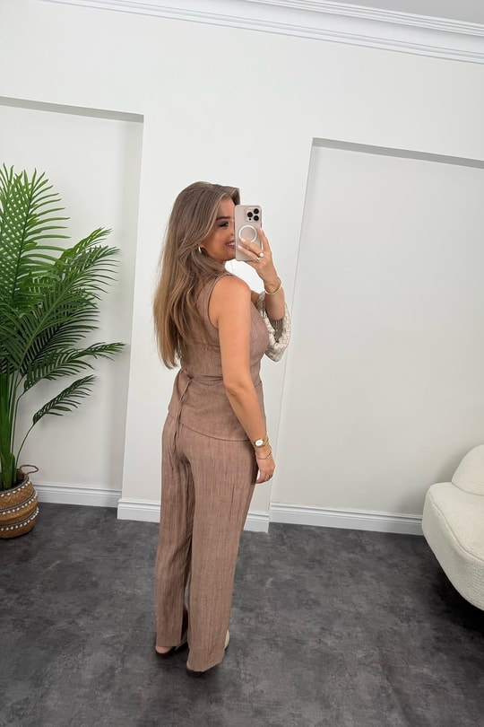 Pinterest Model Tiril Palazzo Yelek Takım Kahverengi