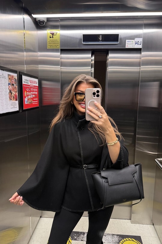 Pinterest Oyalı Kemerli Kaşe Panço Kaban Siyah