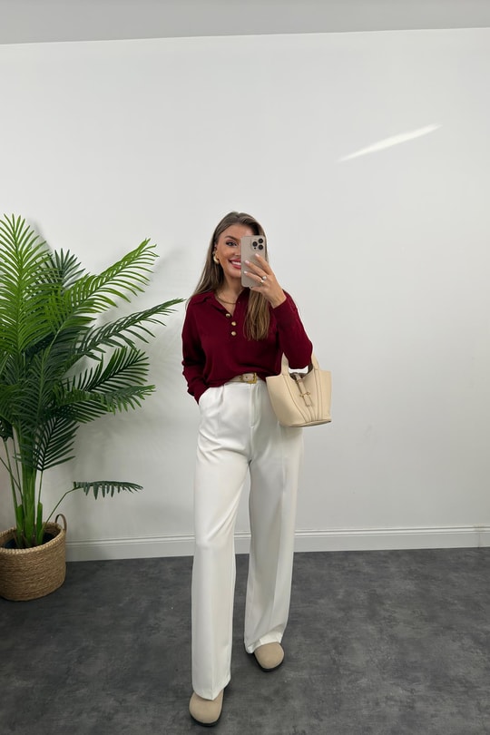 Polo Yaka Gold Düğmeli Basic Triko Bordo
