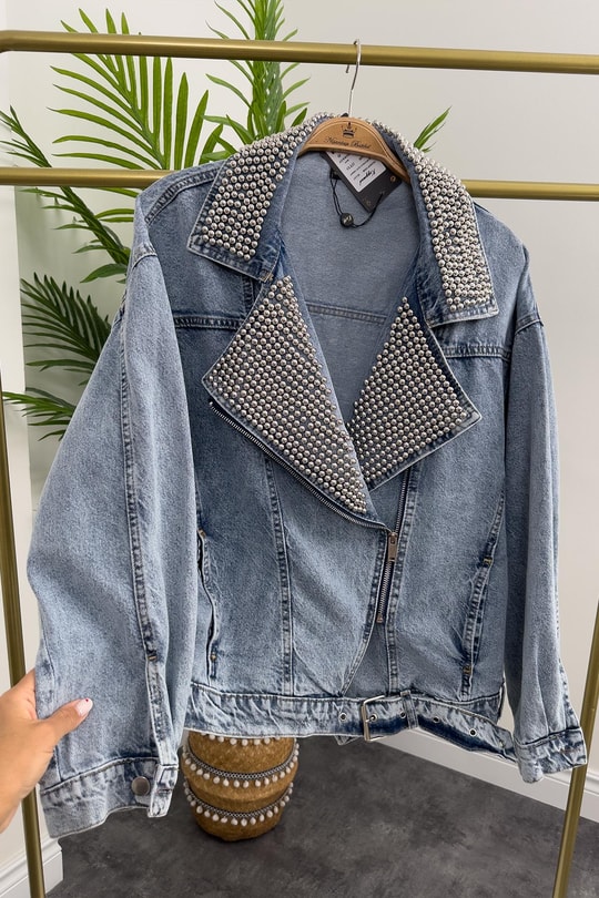 Premium Jean Serisi Zımba Detaylı Tasarım Biker Ceket