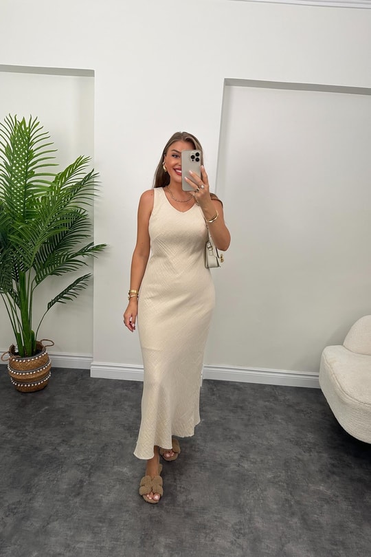 Premium Kalite %100 Pamuk Keten Astarlı Basic Maxi Elbise Taş
