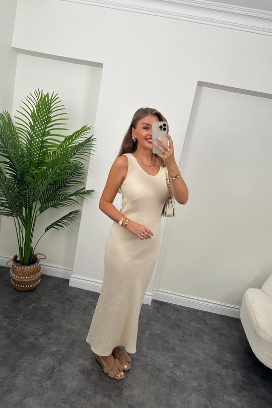 Premium Kalite %100 Pamuk Keten Astarlı Basic Maxi Elbise Taş