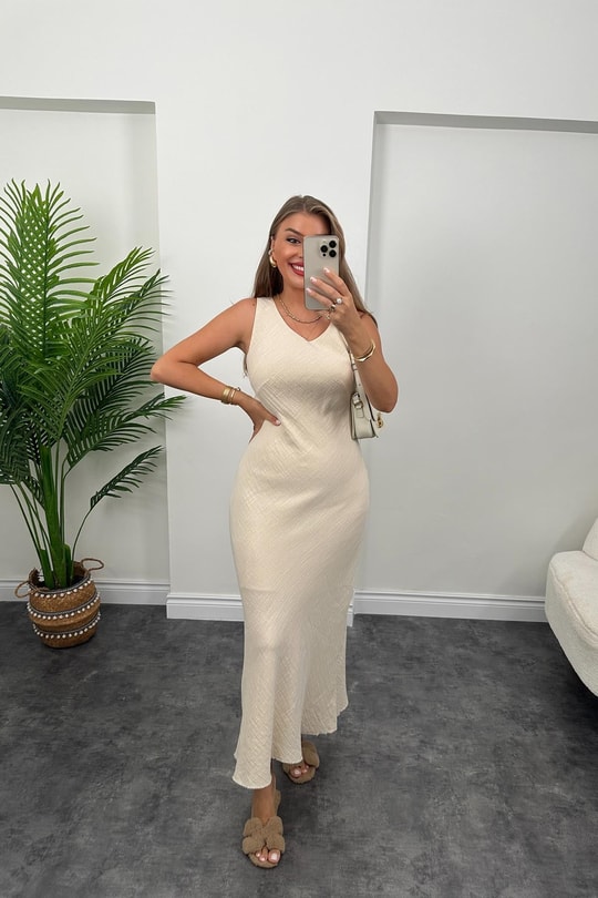Premium Kalite %100 Pamuk Keten Astarlı Basic Maxi Elbise Taş