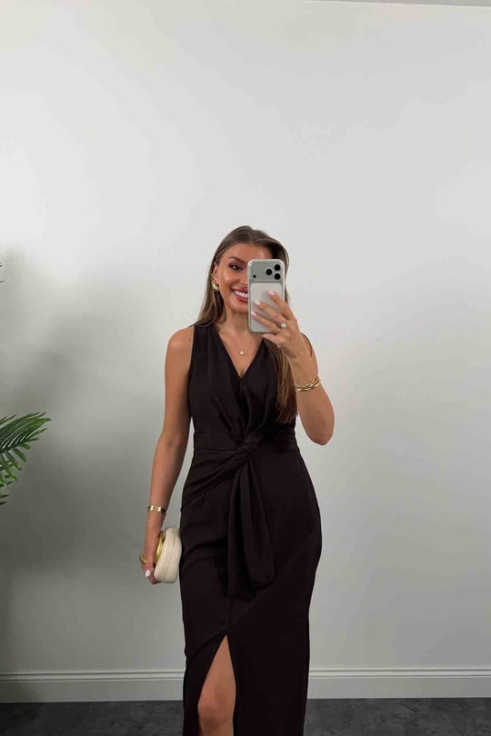 Premium Kalite Beli Düğümlü Kruvaze Midi Yırtmaçlı Elbise Acı Kahve 