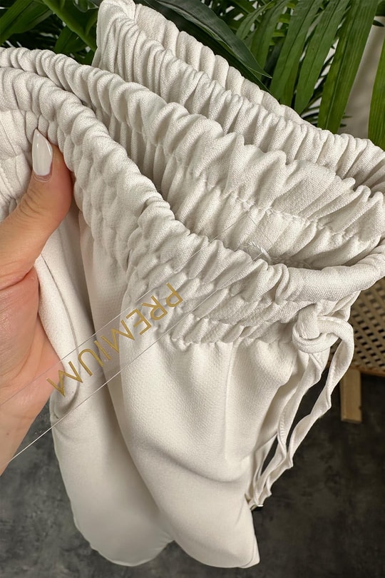 Premium Kalite Kalın Double Atlas Kumaş Arka Paçası Lastikli Jogger Beyaz 