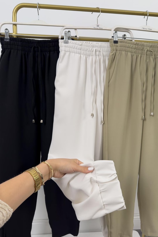 Premium Kalite Kalın Double Atlas Kumaş Arka Paçası Lastikli Jogger Beyaz 