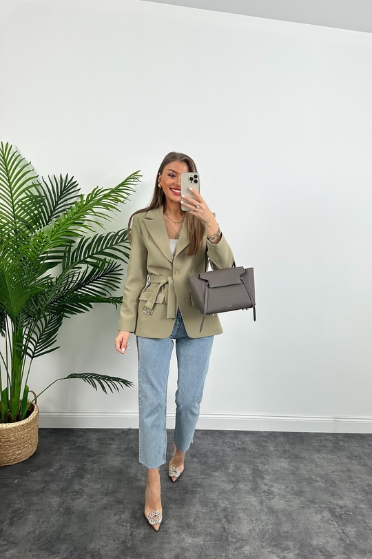 Premium Kalite Kemerli Astarlı Double Kalın Kumaş Blazer Ceket Haki