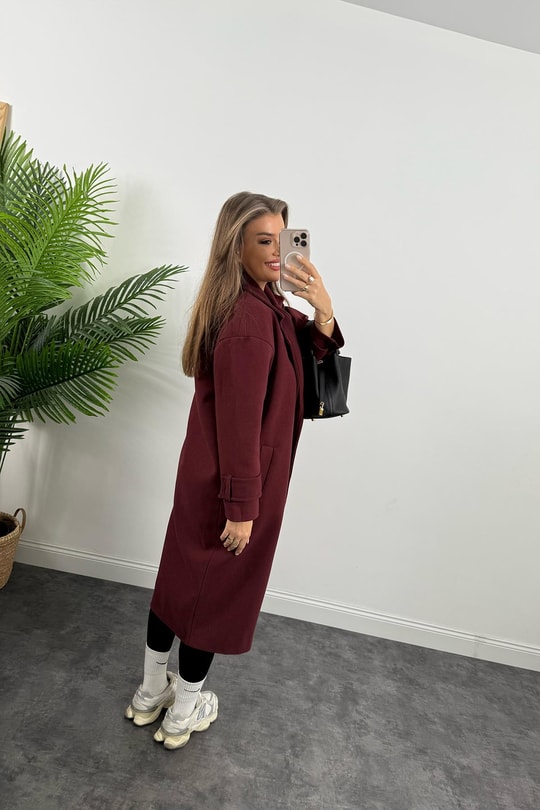 Premium Kalite Kolu Manşetli Çift Düğme Oversize Kaşe Kaban Bordo