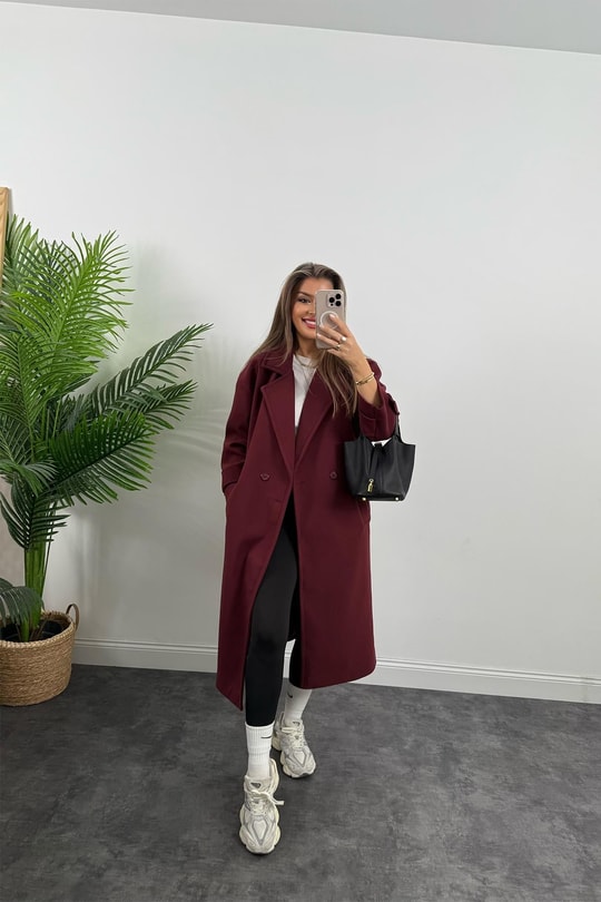 Premium Kalite Kolu Manşetli Çift Düğme Oversize Kaşe Kaban Bordo