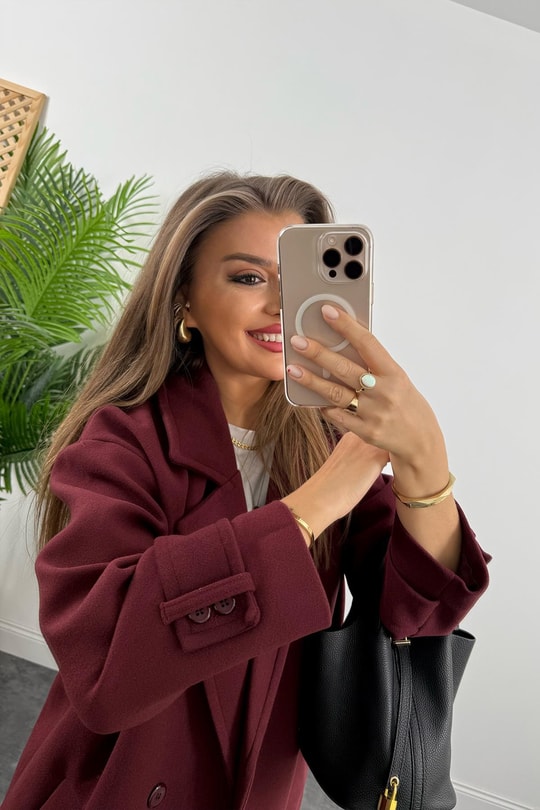 Premium Kalite Kolu Manşetli Çift Düğme Oversize Kaşe Kaban Bordo