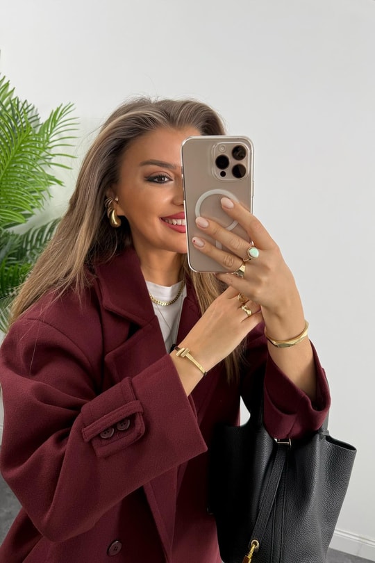Premium Kalite Kolu Manşetli Çift Düğme Oversize Kaşe Kaban Bordo