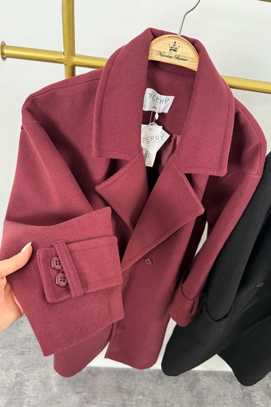 Premium Kalite Kolu Manşetli Çift Düğme Oversize Kaşe Kaban Bordo