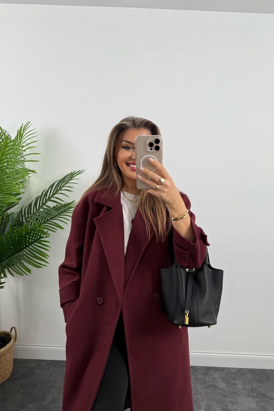 Premium Kalite Kolu Manşetli Çift Düğme Oversize Kaşe Kaban Bordo