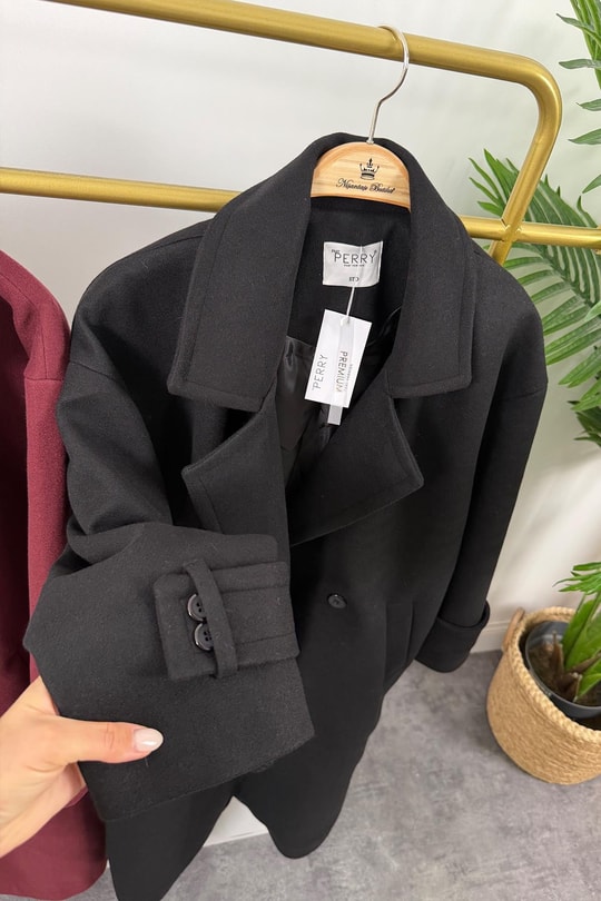 Premium Kalite Kolu Manşetli Çift Düğme Oversize Kaşe Kaban Siyah