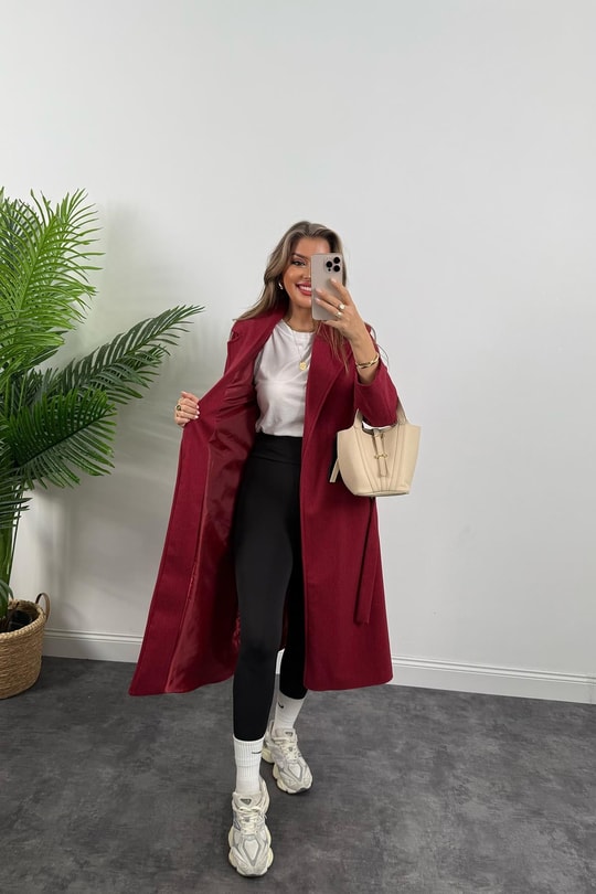 Premium Kalite Kuşaklı Basic Kaşe Kaban Bordo