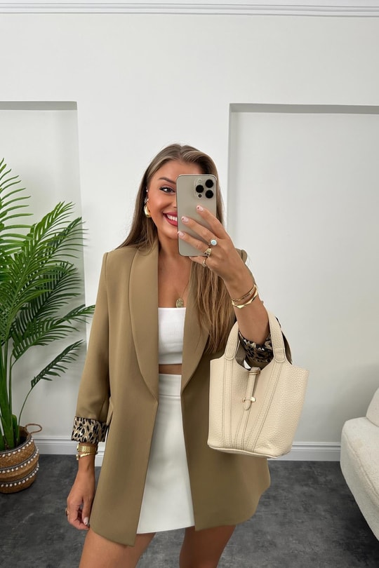 Premium Kalite Leopar Astarlı Double Kumaş Blazer Ceket Olive