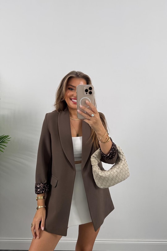 Premium Kalite Leopar Astarlı Double Kumaş Blazer Ceket Koyu Kahve