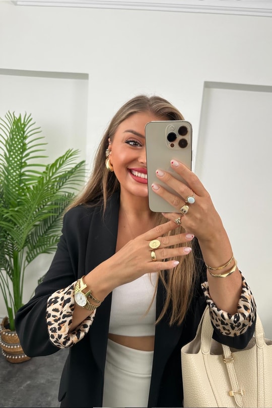 Premium Kalite Leopar Astarlı Double Kumaş Blazer Ceket Siyah