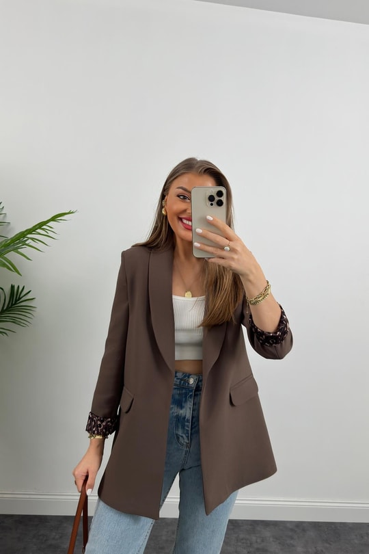 Premium Kalite Leopar Astarlı Double Kumaş Blazer Ceket Acı Kahve