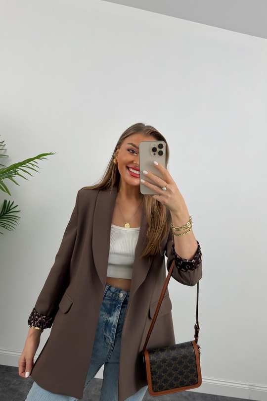 Premium Kalite Leopar Astarlı Double Kumaş Blazer Ceket Acı Kahve