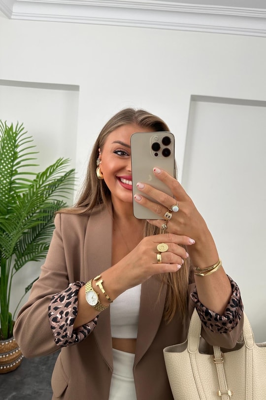 Premium Kalite Leopar Astarlı Double Kumaş Blazer Ceket Kahverengi