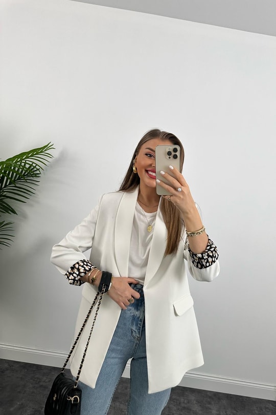 Premium Kalite Leopar Astarlı Double Kumaş Blazer Ceket Beyaz