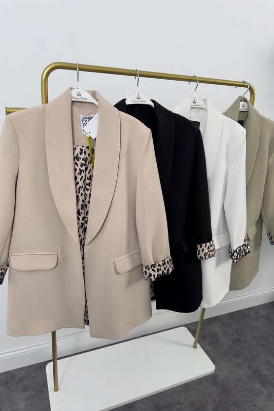 Premium Kalite Leopar Astarlı Double Kumaş Blazer Ceket Beyaz