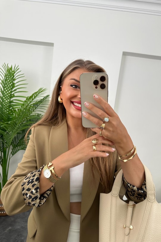 Premium Kalite Leopar Astarlı Double Kumaş Blazer Ceket Olive