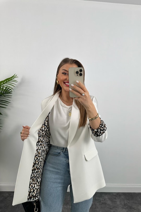Premium Kalite Leopar Astarlı Double Kumaş Blazer Ceket Beyaz
