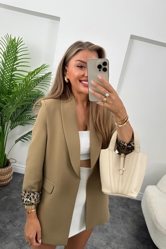 Premium Kalite Leopar Astarlı Double Kumaş Blazer Ceket Olive
