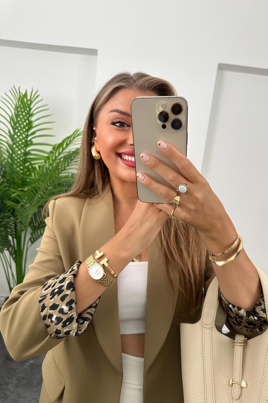 Premium Kalite Leopar Astarlı Double Kumaş Blazer Ceket Olive