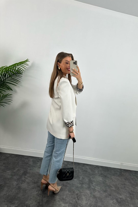 Premium Kalite Leopar Astarlı Double Kumaş Blazer Ceket Beyaz