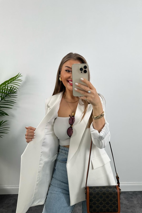 Premium Kalite Marin Astarlı Double Kumaş Blazer Ceket Beyaz