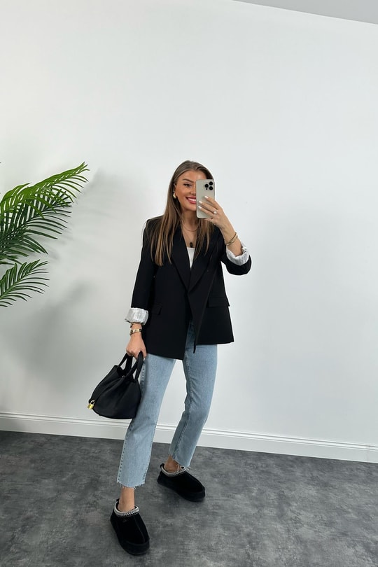 Premium Kalite Marin Astarlı Double Kumaş Blazer Ceket Siyah
