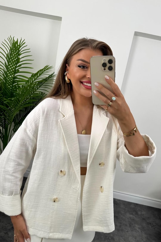 Premium Kalite Naturel Kumaş Blazer Ceket Beyaz