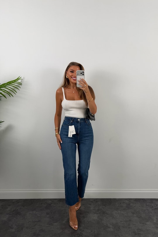 Premium Kalite Paçası Kesik Toparlayıcı Boyfit Jean Vintage Dark Blue 1020  