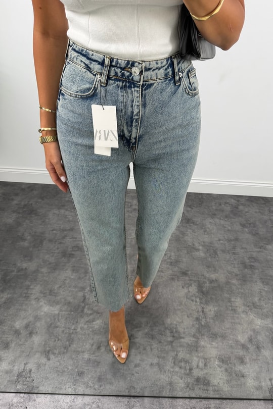 Premium Kalite Paçası Kesik Toparlayıcı Boyfit Jean Vintage Mavi 1018   