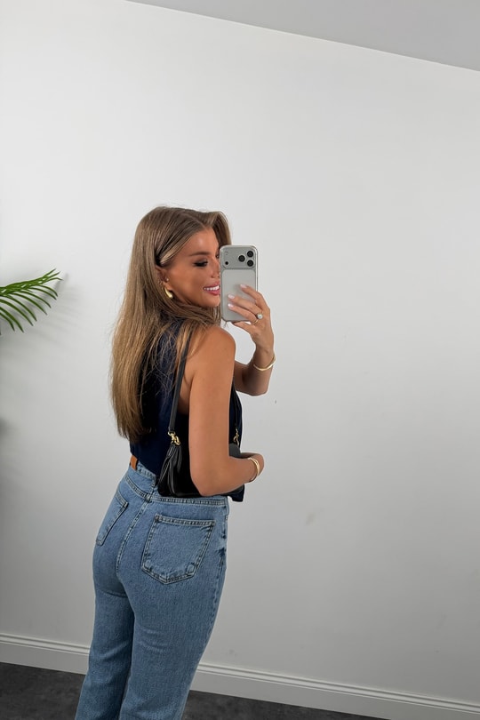 Premium Kalite Paçası Kesik Toparlayıcı Boyfit Jean Klasik Mavi 1004  