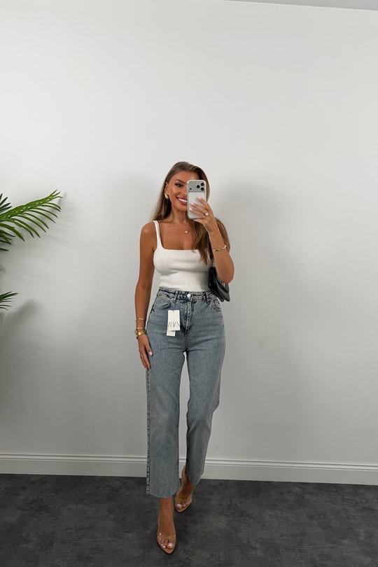 Premium Kalite Paçası Kesik Toparlayıcı Boyfit Jean Vintage Mavi 1018   