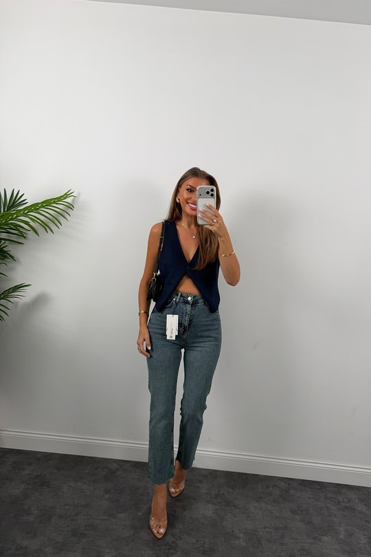 Premium Kalite Paçası Kesik Toparlayıcı Boyfit Jean Vintage Orta Mavi 1019 